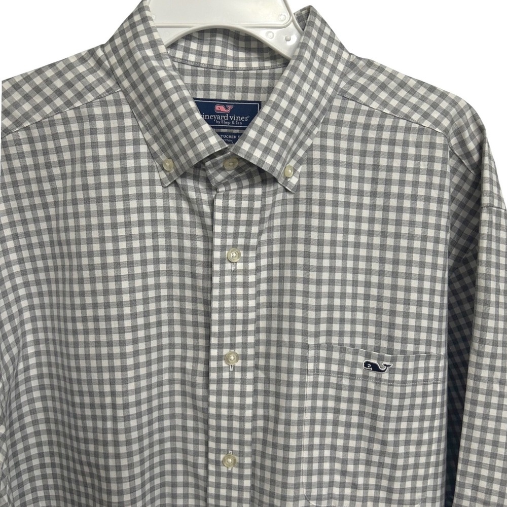 Vineyard Vines Classic Fit Tucker Shirt Men Gray White‎ Gingham Button Down LS
